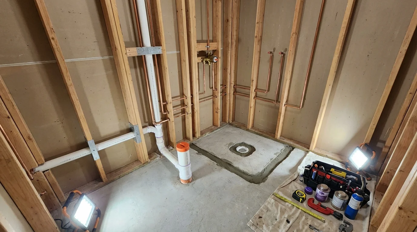 Bathroom rough-in plumbing during remodel by Johns Plumbing LLC in Harper