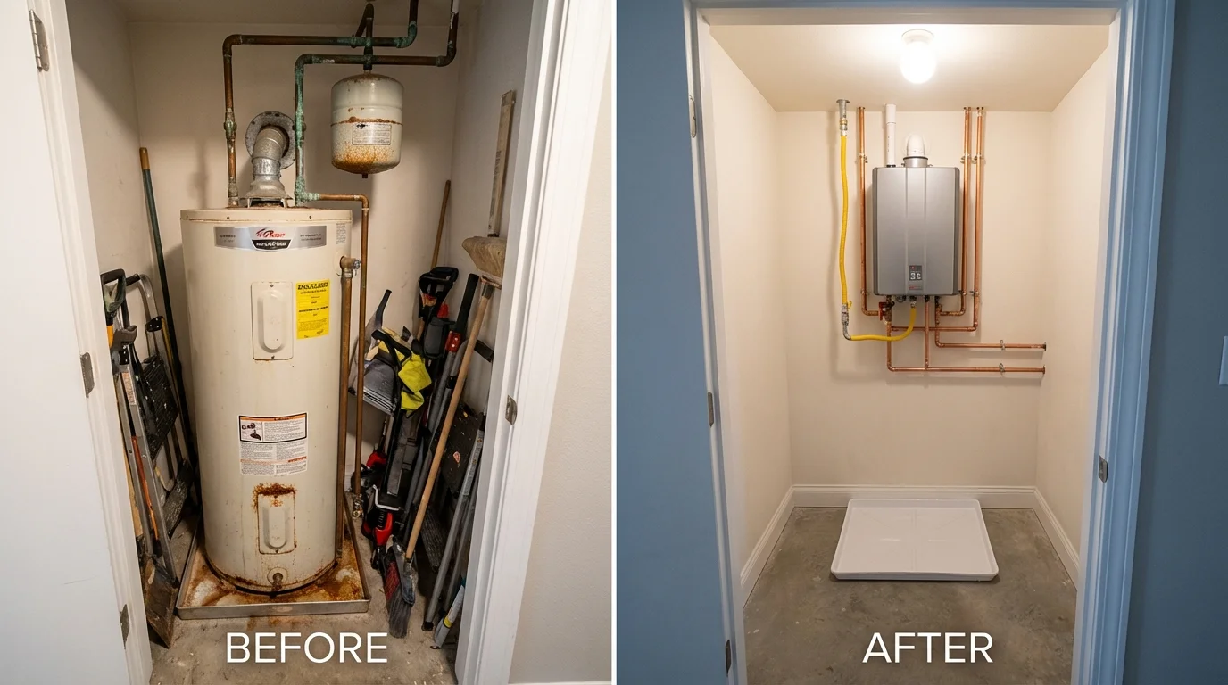 Tank water heater versus wall-mounted tankless unit comparison for Harper, KS homeowners