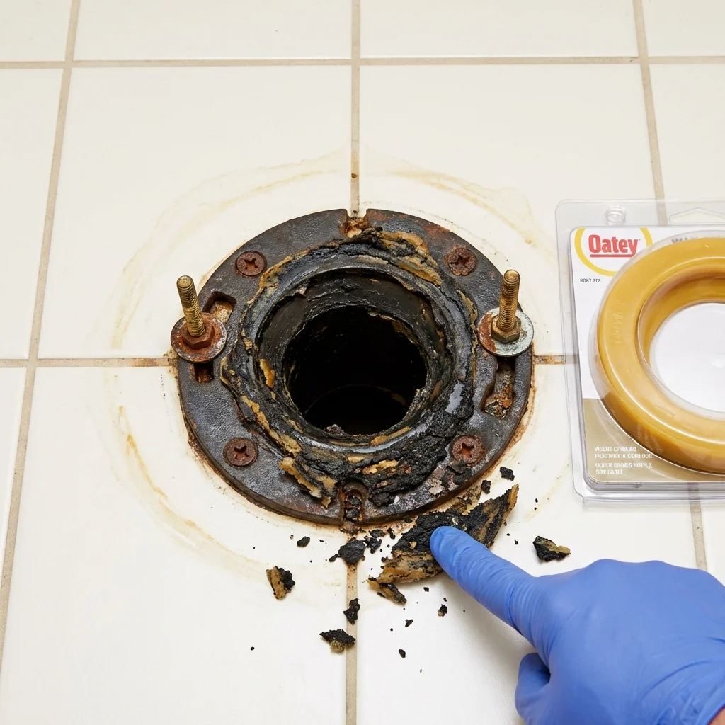 Failed wax ring showing water seepage at the base of a toilet in a Harper, KS home