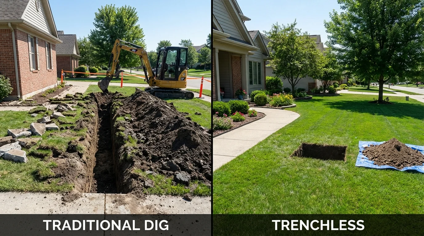 Trenchless sewer repair with minimal yard damage versus traditional excavation in Harper, KS