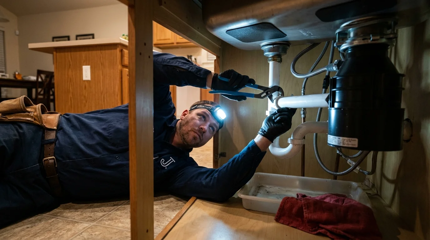 P-trap and supply line connections under a kitchen sink showing a common leak point in Harper, KS